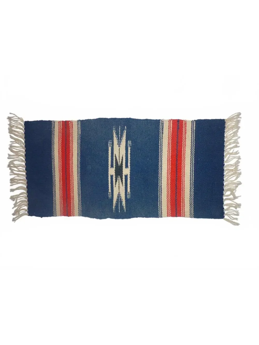 Ortega's Chimayo Native Handwoven Blue and Red Runner Small Rug Tagged